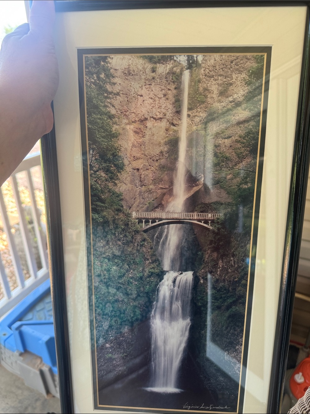 Framed Waterfall Art Print in Green and Cream Oregon